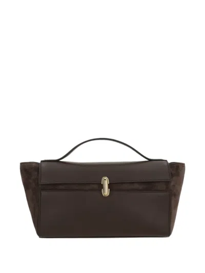 Savette Symmetry Trapeze Suede-panelled Clutch Bag In Brown
