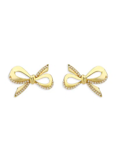 Saviene Women's Cubic Zirconia & Simulated Pearl Bow Stud Earrings In Yellow Goldtone