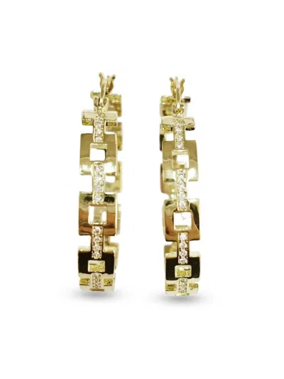 Saviene Women's Square Link Cubic Zirconia Pave Hoop Earrings In Yellow Goldtone
