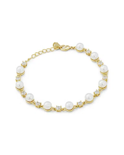 Savvy Cie 14k Plated 6.0-6.5mm Pearl Cz Link Bracelet In Transparent