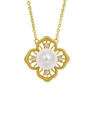Savvy Cie 18k Plated 10-11mm Pearl Cz Clover Necklace In Gold