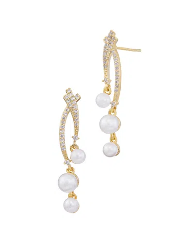 Savvy Cie Gold Plated Bronze Double Drop Pearls With Cz And
