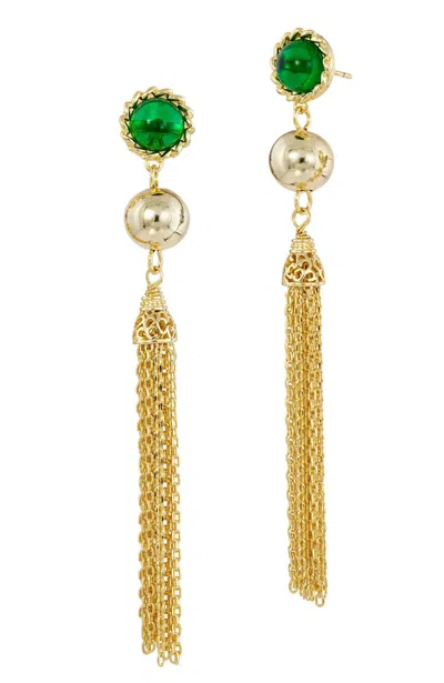 Savvy Cie Jewels 18k Gold Plated Drop Tassel Earrings With Green Cz