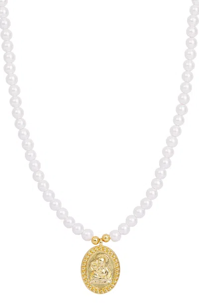 Savvy Cie Jewels 18k Gold Plated Virgin Mary & Child Pendant With Pearl Necklace In Yellow