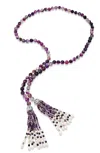 Savvy Cie Jewels 48" Green Agate And Cultured Pearl Tassel Necklace Embelished With Cz Stations In Purple