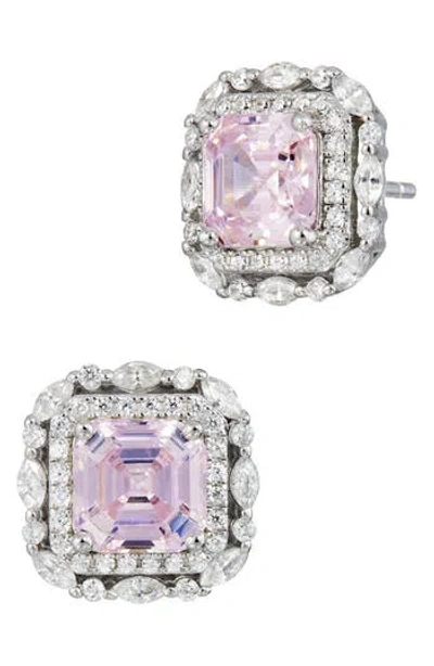 Savvy Cie Jewels Asscher Cut Cubic Zirconia Double Halo Stud Earrings In Silver