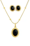 Savvy Cie Jewels Gold Plated Ball Necklace With Black Onyx Pendant And Matching Earrings In Gold