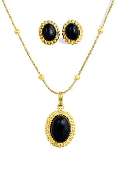 SAVVY CIE JEWELS SAVVY CIE JEWELS BOXED ONYX STUD EARRINGS & PENDANT NECKLACE SET