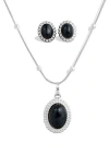 Savvy Cie Jewels Rhodium Plated Ball Necklace With Black Onyx Pendant And Matching Earrings In Silver