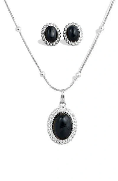 SAVVY CIE JEWELS SAVVY CIE JEWELS BOXED ONYX STUD EARRINGS & PENDANT NECKLACE SET