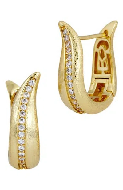 Savvy Cie Jewels Brushed Textured Cz Pavé Hoop Earrings In Gold