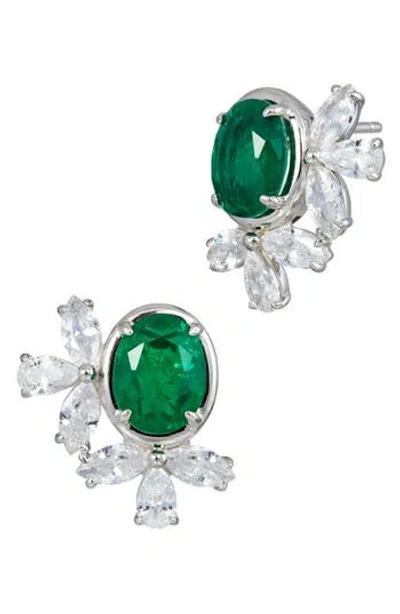 Savvy Cie Jewels Cubic Zirconia Cluster Oval Stud Earrings In Green