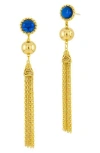 Savvy Cie Jewels 18k Gold Plated Drop Tassel Earrings With Blue Cz In Blue