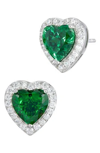 Savvy Cie Jewels Cubic Zirconia Heart Halo Stud Earrings In Green