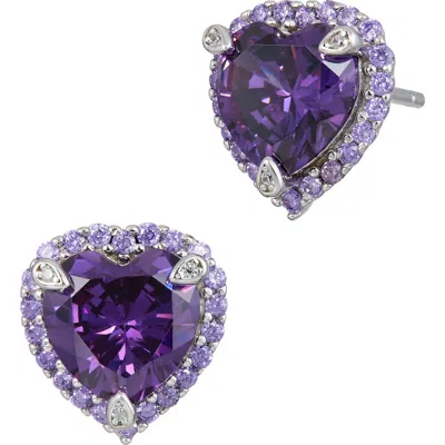Savvy Cie Jewels Cubic Zirconia Heart Halo Stud Earrings In Purple