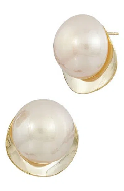 Savvy Cie Jewels Cultured Pearl Stud Earrings In Yellow