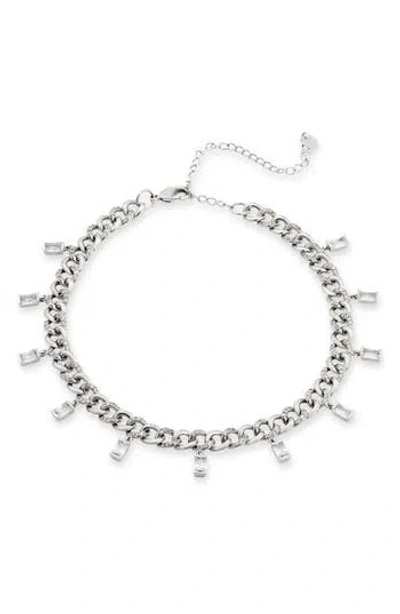Savvy Cie Jewels Rhodium Plated Curb Chain Fringe White Cz Necklace