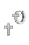 Savvy Cie Jewels Italian Sterling Silver White Cz Cross Huggie Earrings In Silver