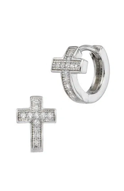 Savvy Cie Jewels Cz Cross Huggie Hoop Earrings In Metallic
