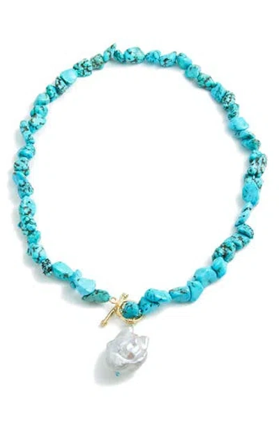 Savvy Cie Jewels Dyed Howlite & Baroque Pearl Pendant Toggle Necklace In Blue