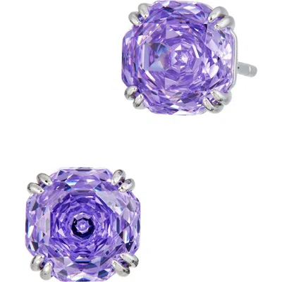 Savvy Cie Jewels Floral Faceted Octagonal Cubic Zirconia Stud Earrings In Purple