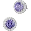 Savvy Cie Jewels Floral Faceted Round Cubic Zirconia Halo Stud Earrings In Purple