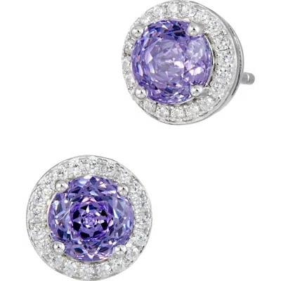 Savvy Cie Jewels Floral Faceted Round Cubic Zirconia Halo Stud Earrings In Purple
