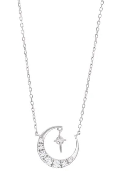 Savvy Cie Jewels Gold Plated Moon And Star Pendant With White Cz Necklace In Silver