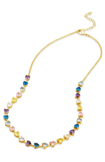 Savvy Cie Jewels Gold Plated Over Sterling Silver .925 Prong Set Heart Tennis Necklace On The Chain Mix Color Cz Neck In Blue