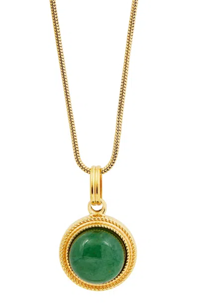 Savvy Cie Jewels Gold Plated Round Green Aventurine Pendant With Snake Chain In Green/yellow