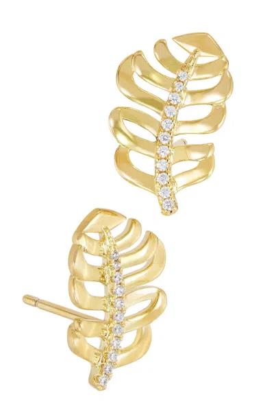 Savvy Cie Jewels Gold Plated White Cz Leaf Stud Earring In Pink