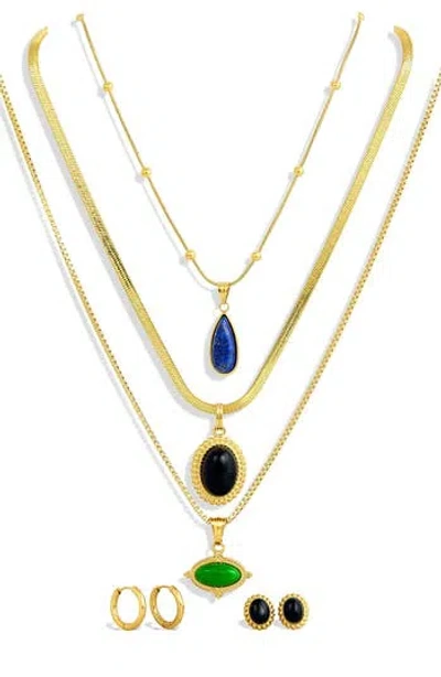 Savvy Cie Jewels Holiday Semiprecious Stone Pendants, Chains & Earrings 8-piece Set In Yellow
