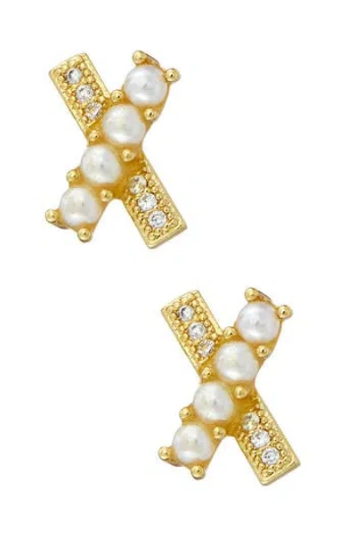 Savvy Cie Jewels Imitation Pearl & Crystal X Stud Earrings In Yellow