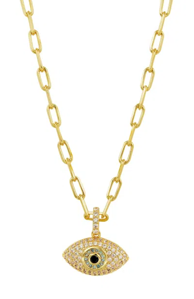 Savvy Cie Jewels Pave Evil Eye Pave With White-blue Topaz & Black Cz Pendant Necklace In Transparent