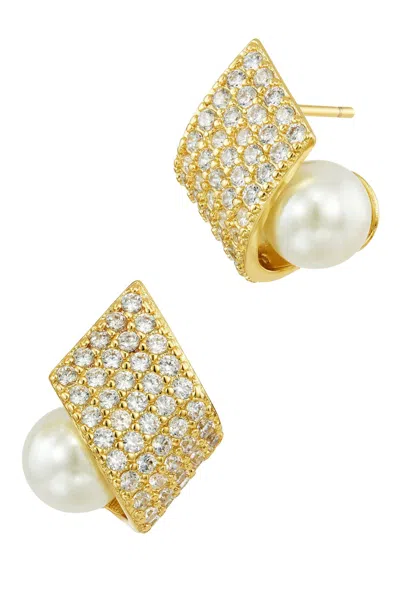 Savvy Cie Jewels Pave Twist With Shell Pearl White Cz Stud Earrings In Gold