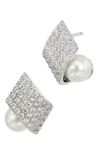 Savvy Cie Jewels Pave Twist With Shell Pearl White Cz Stud Earrings In Pattern