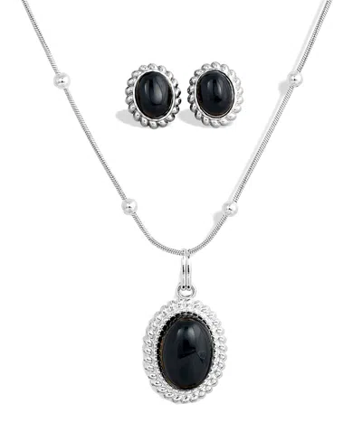 Savvy Cie Jewels Rhodium Plated Ball Necklace With Black Onyx Pendant And Matching Earrings In Silver