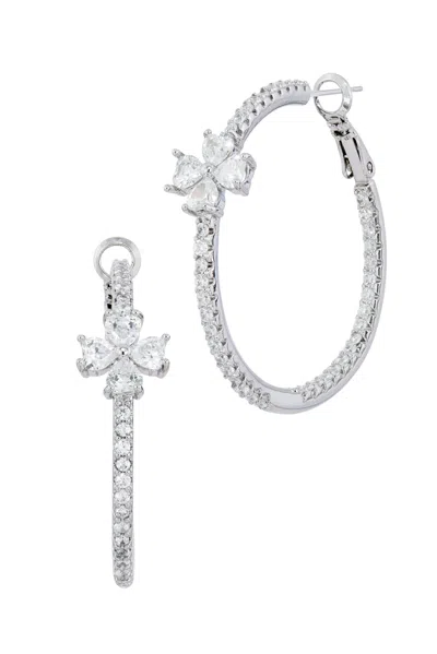 Savvy Cie Jewels Rhodium Plated Hoop With Cz Flower Station Earring In Pattern