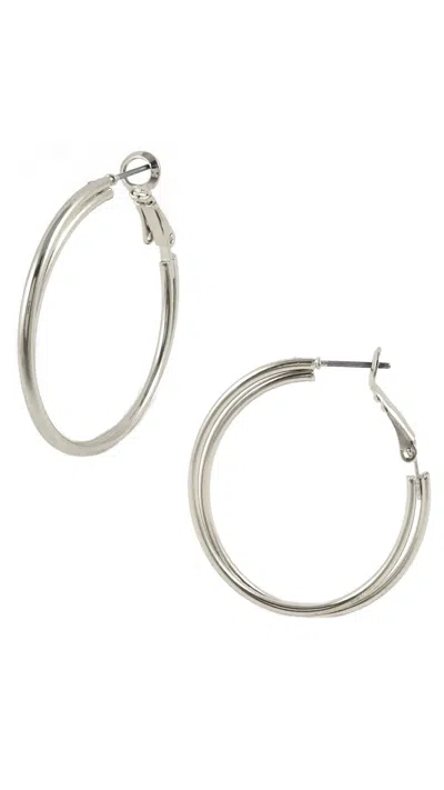 Savvy Cie Jewels Rhodium Plated Medium Double Hoops Earrings In Metallic