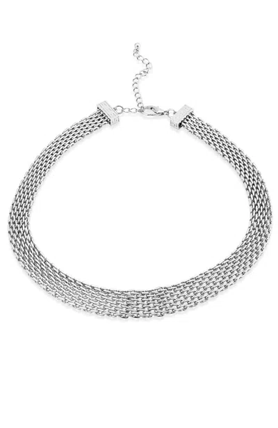 Savvy Cie Jewels Rhodium Plated Mesh Greek Key Statement Necklace In Silver