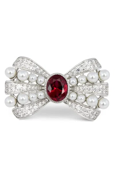 Savvy Cie Jewels Rhodium Plated Over Brass Pearls White And Red Cz Bubbles Bowtie Brooch In Metallic
