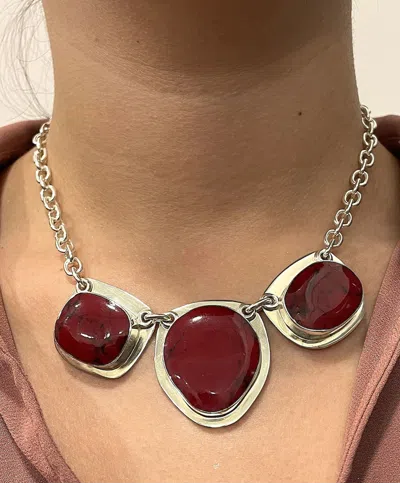 Savvy Cie Jewels Rhodium Plated Over Sterling Silver .925 Carnelian Statement Necklace In Multi