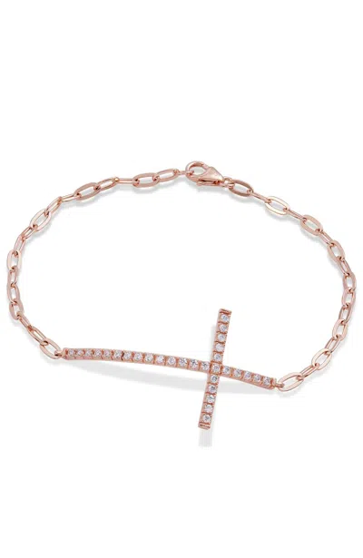 Savvy Cie Jewels Rhodium Plated Over Sterling Silver .925 White Cz Cross Paperclip Bracelet In Pink
