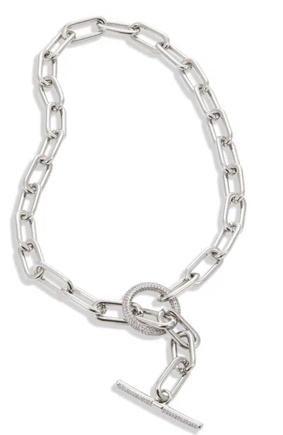 Savvy Cie Jewels Rhodium Plated Paperclip Cz Taggle Necklace In White