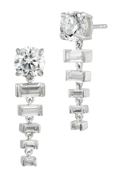 Savvy Cie Jewels Rhodium Plated Round And Step Cut Graduated White Cz Drop Earrings In Silver