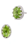 Savvy Cie Jewels Rhodium Plated Sterling Silver Oval Semiprecious Stone Stud Earrings In Green