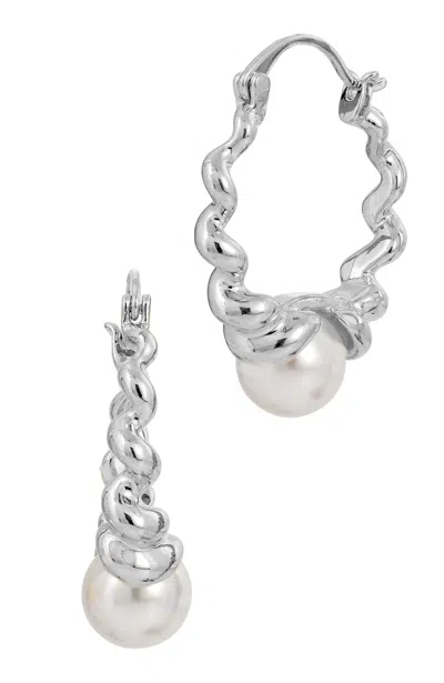 Savvy Cie Jewels Rhodium Plated Twist Style Mother Of The Pearl Hoop Earring In Yellow