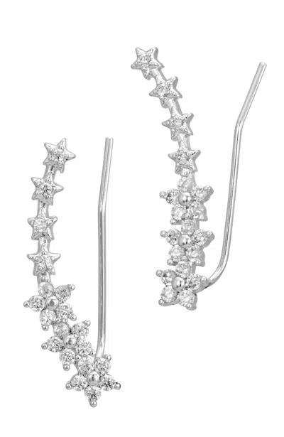 Savvy Cie Jewels Rhodium Plated White Cz Star Climber Earrings In Neutral