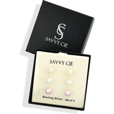 Savvy Cie Jewels Set Of 3 Mother-of-pearl Stud Earrings In White