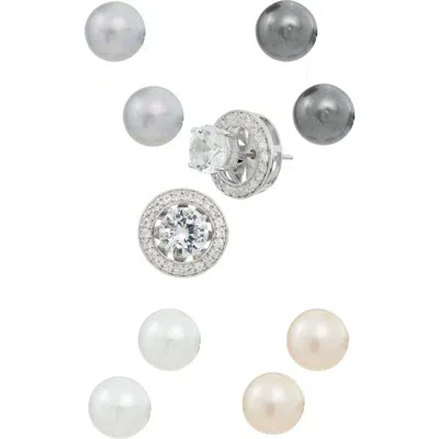 Savvy Cie Jewels Set Of Five Cz & 7-8mm Freshwater Pearl Jacket Stud Earrings In Gold